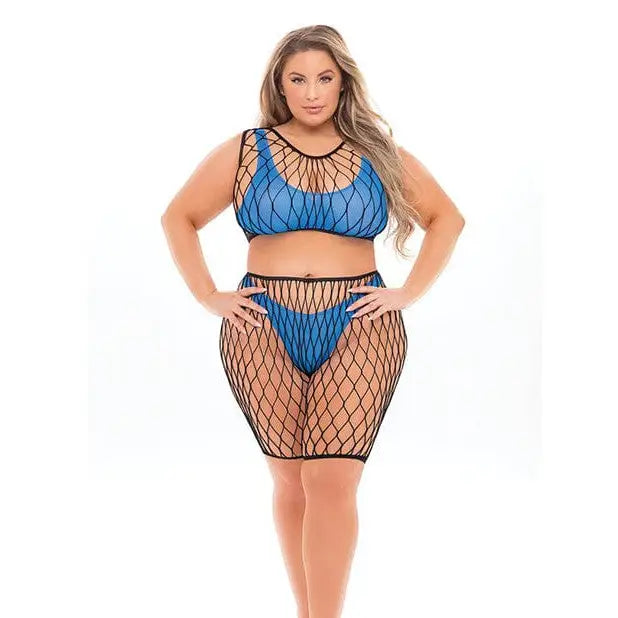 A woman in a blue fishnet top and black skirt from Pink Lipstick ’Brace for Impact’ set