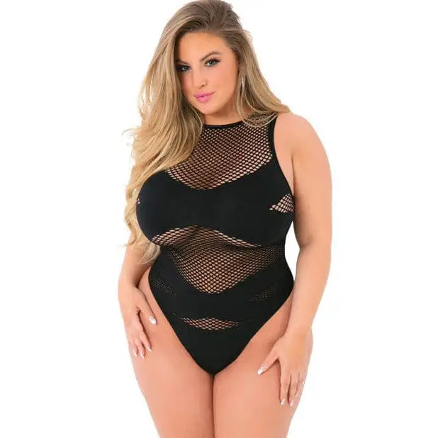 Curvy blonde in Pink Lipstick ‘Criss Cross’ Fishnet Bodysuit by Rene Rofe