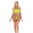 Pink Lipstick ’Dance With Me’ fishnet romper with neon yellow undergarments by Rene Rofe