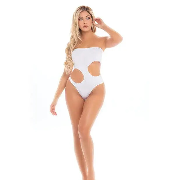 Pink Lipstick ’Fatale’ Cutout Bodysuit - White Strapless Swimsuit with Side Cutouts