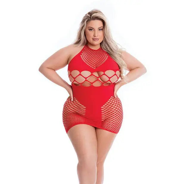 Plus-size woman in Pink Lipstick ’Girl Gone Bad’ red fishnet bodycon dress with cutouts