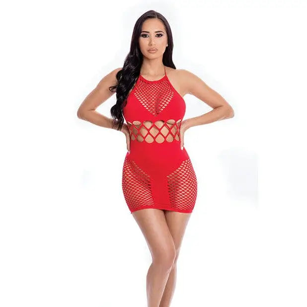 Red fishnet bodycon mini dress with cutout details by Pink Lipstick ’Girl Gone Bad’ by Rene Rofe