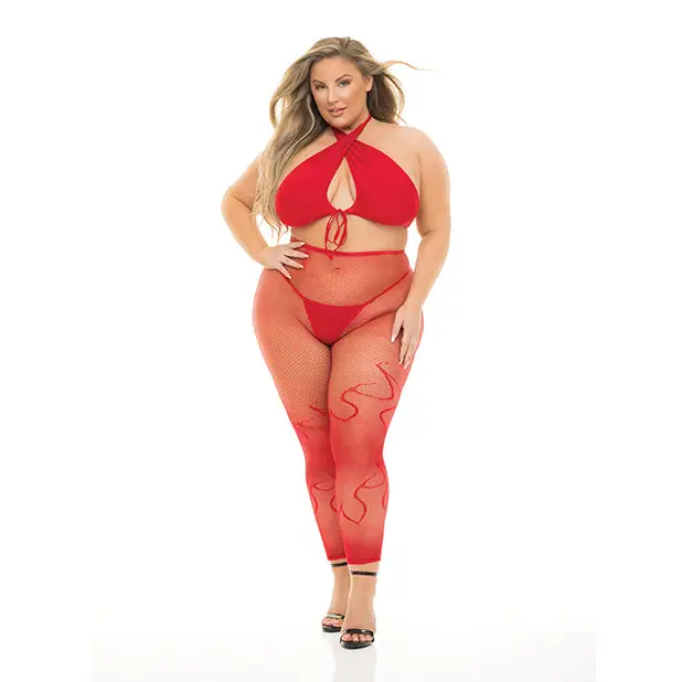 Woman in red bodysuit from Pink Lipstick Gives You Hell Halter Bra, Pantyhose & G-string