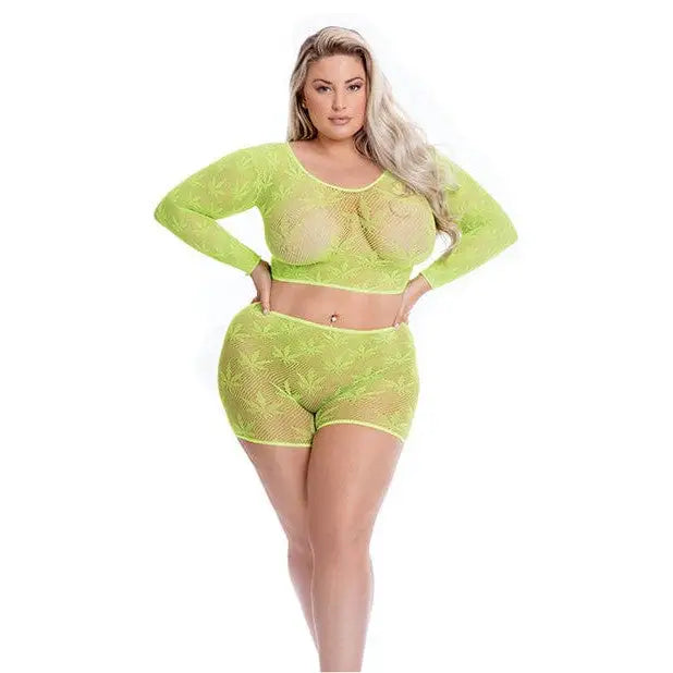 Rene Rofe Two Piece Outfit Green / One Size Fits Most (Queen) Pink Lipstick 'Leaf It To Me' Long Sleeve Crop Top & Short by Rene Rofe at the Haus of Shag