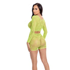 Woman in pink lipstick ’Leaf It To Me’ neon green lace long sleeve crop top & shorts set