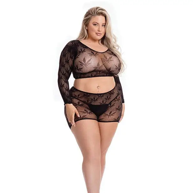 Rene Rofe Two Piece Outfit Black / One Size Fits Most (Queen) Pink Lipstick 'Leaf It To Me' Long Sleeve Crop Top & Short by Rene Rofe at the Haus of Shag