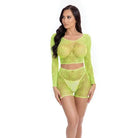 Rene Rofe Two Piece Outfit Green / One Size Fits Most Pink Lipstick 'Leaf It To Me' Long Sleeve Crop Top & Short by Rene Rofe at the Haus of Shag