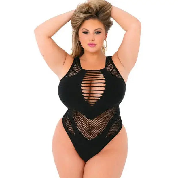 Pink Lipstick ’Low Blow’ Cut Out Bodysuit by Rene Rofe - Black Mesh and Revealing Design