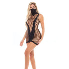 Blonde woman in revealing fishnet bodysuit with black face mask, Pink Lipstick Masquerade