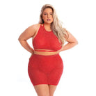 Curvy woman in Pink Lipstick Midnight Sun Skirt Set: sparkly red crop top and mini skirt