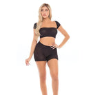 Blonde woman in black crop top & shorts, modeling Pink Lipstick ’On Your Mind’ Bandeau