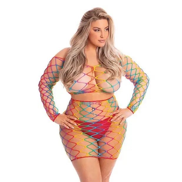 A woman in a colorful skirt set: Pink Lipstick ’Pot Of Gold’ Rainbow Fishnet Top and Skirt Set