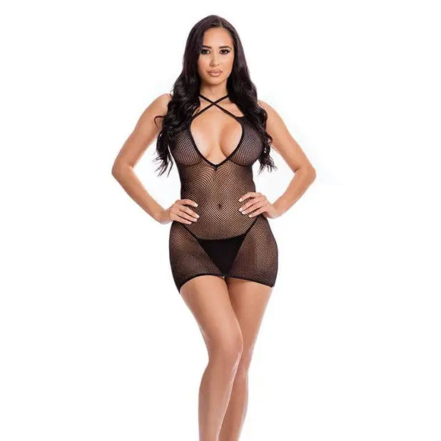 Woman in black bodysuit wearing Pink Lipstick ’Spellbinding’ Dress by Rene Rofe