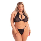 Pink Lipstick bralette & thong set: Black mesh bikini with halter top and thong bottom