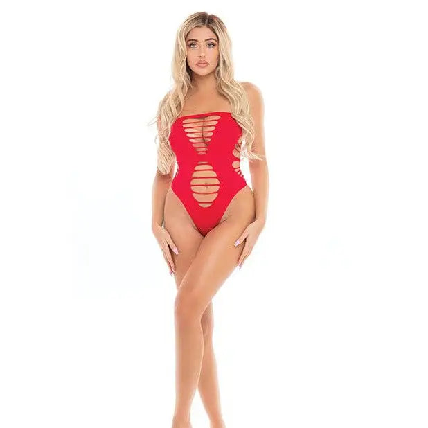 Rene Rofe Bodysuit Red Pink Lipstick Treat Me Right Strapless Bodysuit O/s at the Haus of Shag