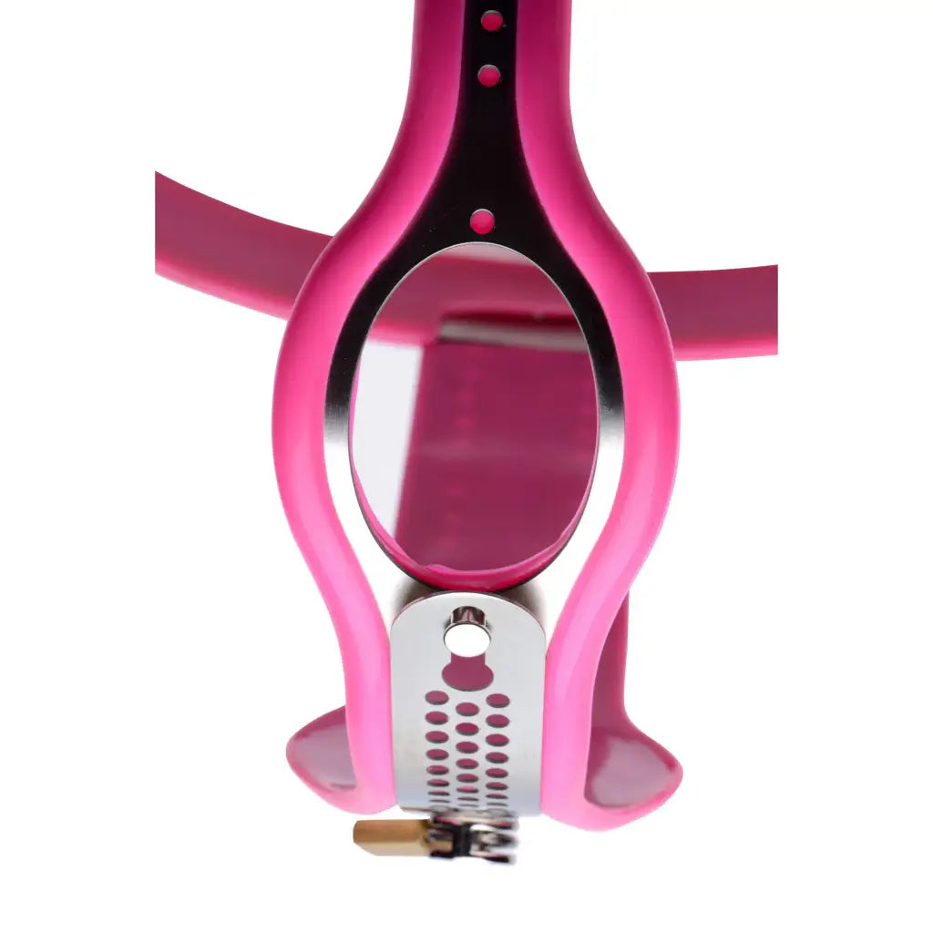 Master Series Chastity Belt Pink Stainless Steel Adjustable Female Chastity Belt at the Haus of Shag