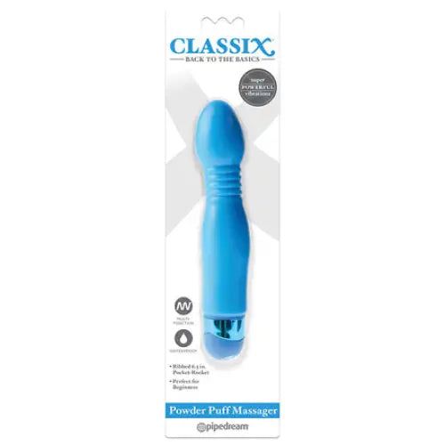 Classix Powder Puff Massager 6.5 in. Ribbed Vibrator - Blue - Plain Vibrator