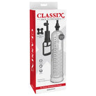 Glass water bottle with black handle displayed with Pipedream Classix XL penis stimulation pump