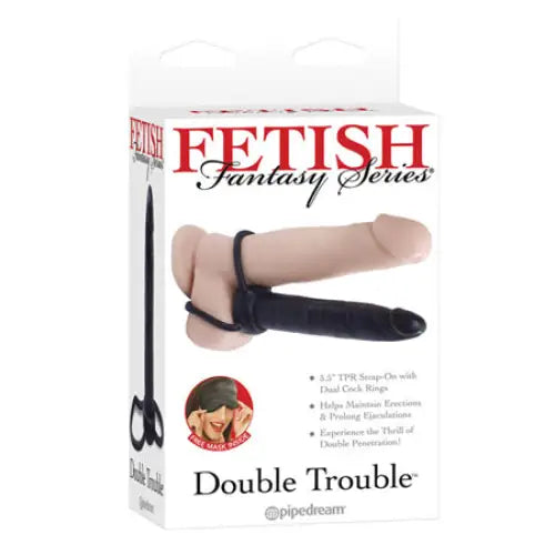 Pipedream Fetish Fantasy Series Double Trouble Dual Cockring Strap-On With 5.5 in. Dildo Black - Double Ended Dildo