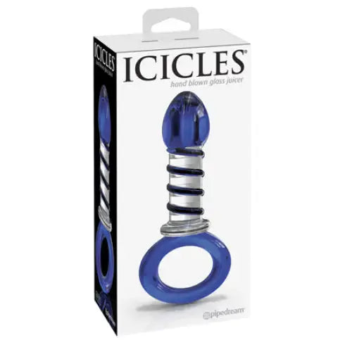 Pipedream Icicles No. 81 Glass Juicer Ribbed Dildo With Handle - Blue - Butt Plug