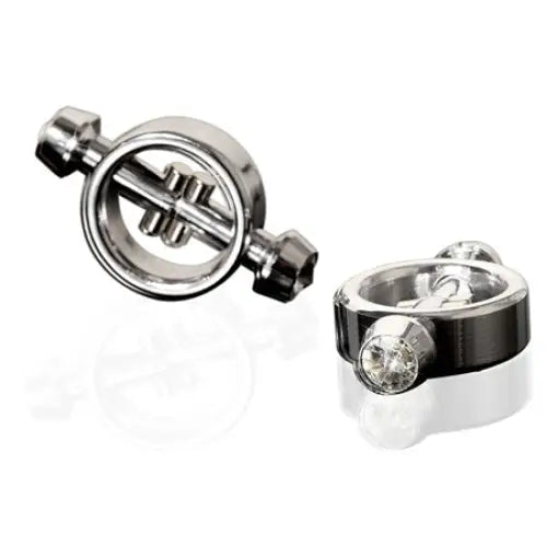 Pipedream Metal Worx magnetic nipple clamps with circular and ring designs in silver