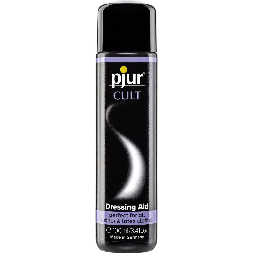 Black bottle of Pjur Cult Dressing Aid for rubber and latex clothing, 100ml/3.4 Oz