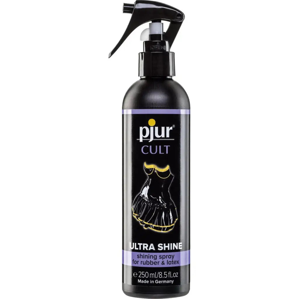 Black spray bottle of Pjur Cult Ultra Shine latex and rubber shine product, 250ml