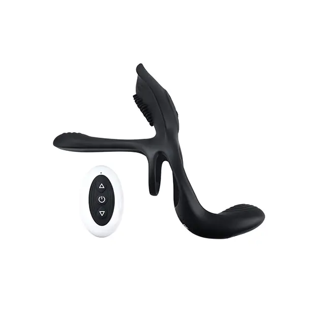 Playboy The 3 Way Rechargeable Remote Controlled Vibrating Silicone Cockring with Stimulator Black - Cock Ring