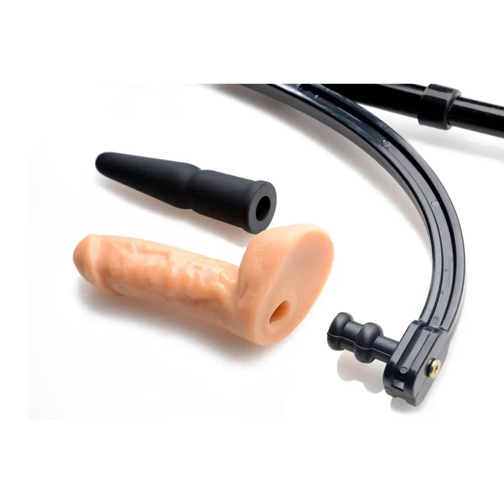 Pleasure Pole flesh-colored dildo with black accessories for best experience and widest insertable point