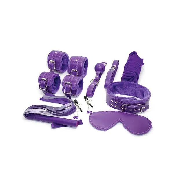 Ple’sur 12-Piece Bondage Kit Black with purple leather fur lined blindfolds and collars