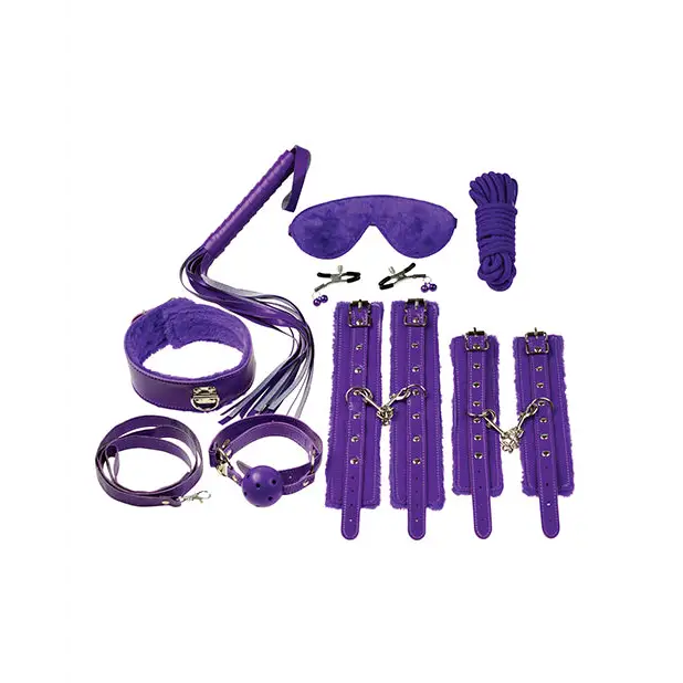 Purple leather bondage kit with blindfold, collar, cuffs; fur lined Ple’sur 12-Piece Set