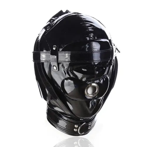 Ple’sur Shiny Pleather Locking Deprivation Hood With Single Nose Hole Black Bag Packaging - Collar