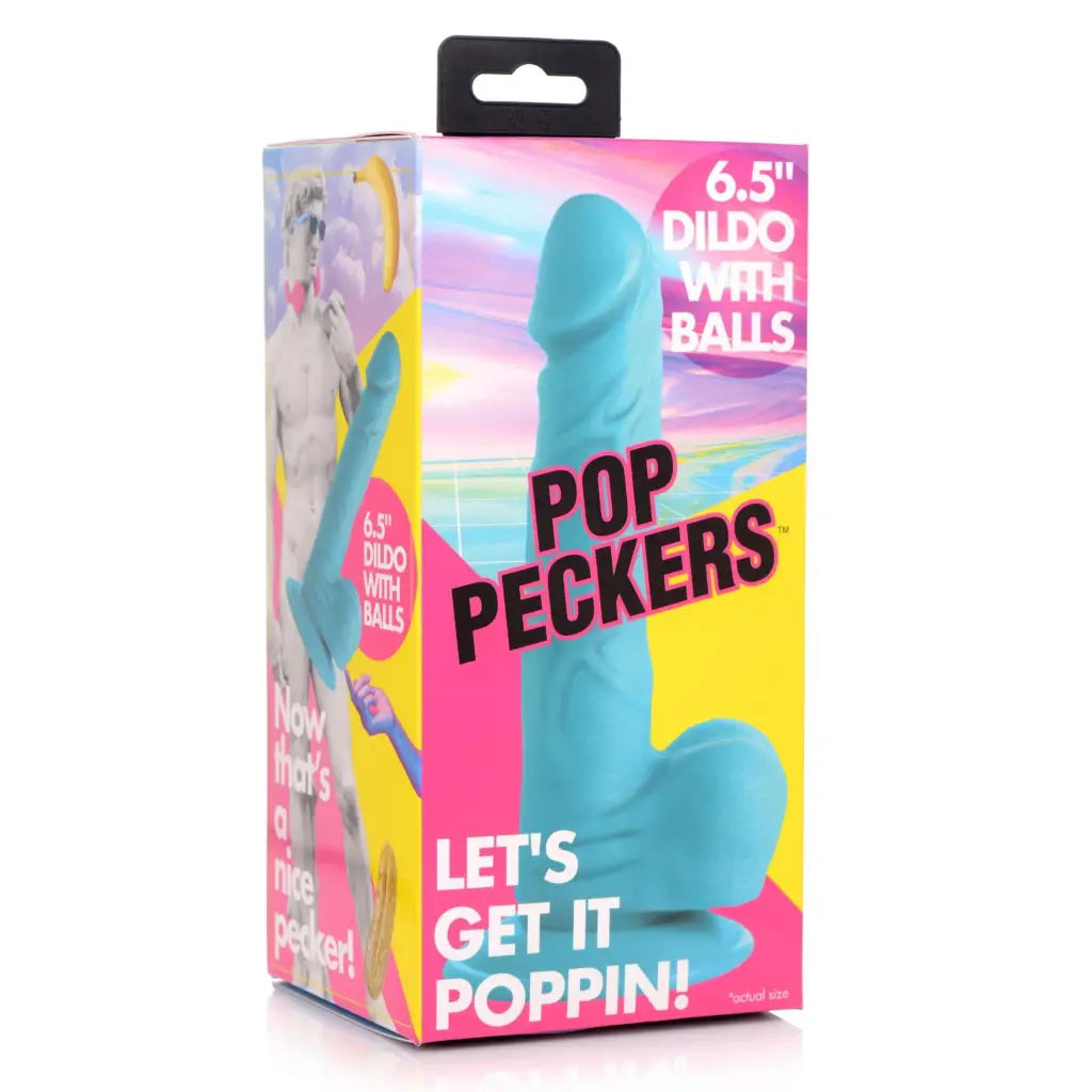 Teal silicone dildo with suction cup base in vibrant Pop Peckers packaging