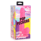 Pink phallic adult toy with suction cup base in colorful packaging - Pop Peckers 6.5’ Dildo