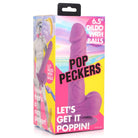 Pop Peckers 6.5’ Dildo with Balls in packaging; purple silicone with suction cup base