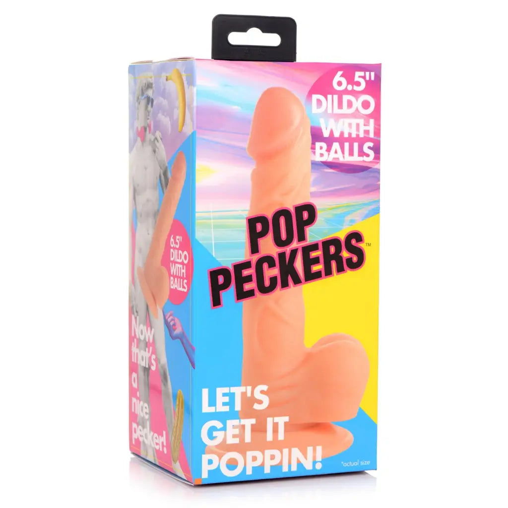 Pop Peckers 6.5’ Dildo with Balls featuring a vibrant package and secure suction cup base