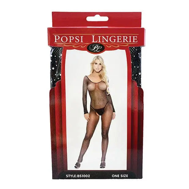 Popsi Lingerie Rhinestone Fishnet Full Sleeved Bodystocking packaging with revealing bodysuit