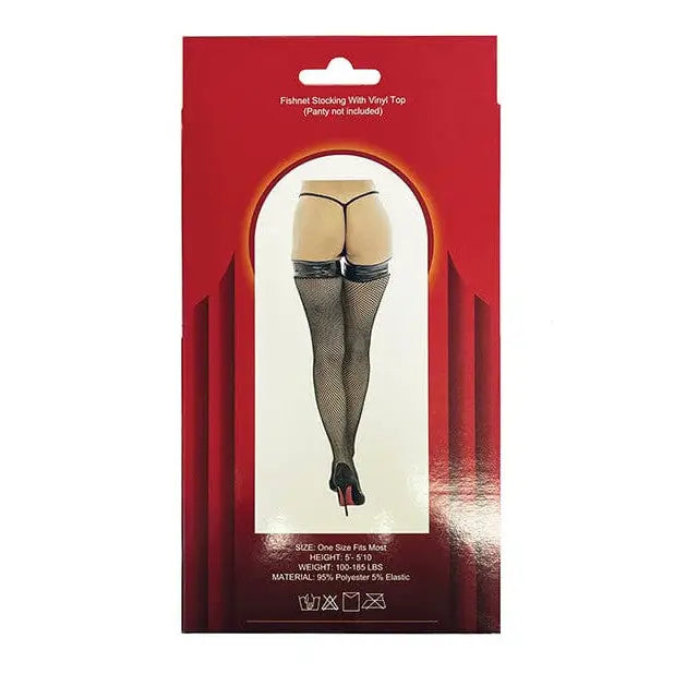 Popsi Lingerie Vinyl Top Fishnet Stocking - Black Stockings on White Background