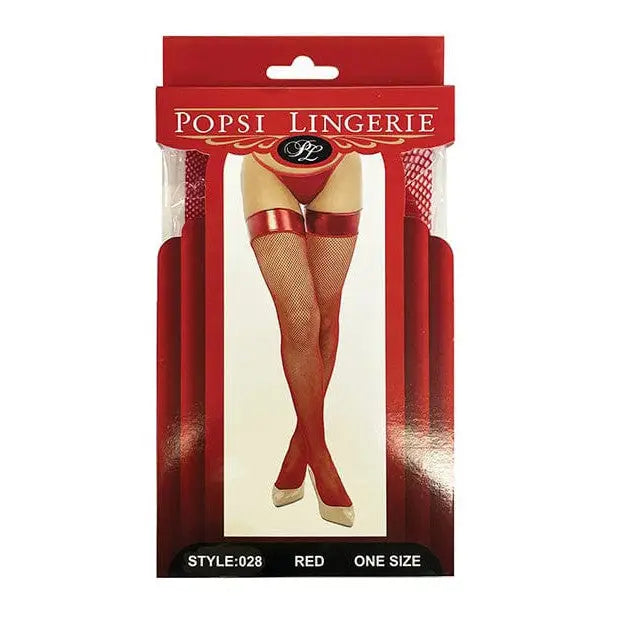 Popsi Lingerie Vinyl Top Fishnet Stocking in red with a ribbon at the bottom