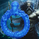 A man holding an octopus in front of Poseidon’s Octo-ring and a giant octopus