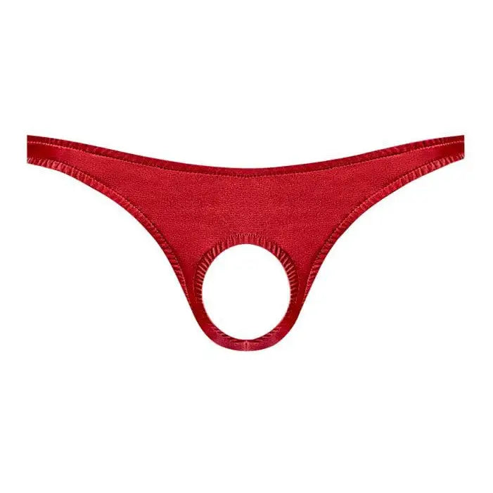 Red crotchless underwear in a circular design, Pouchless Brief O/s, nylon spandex briefs