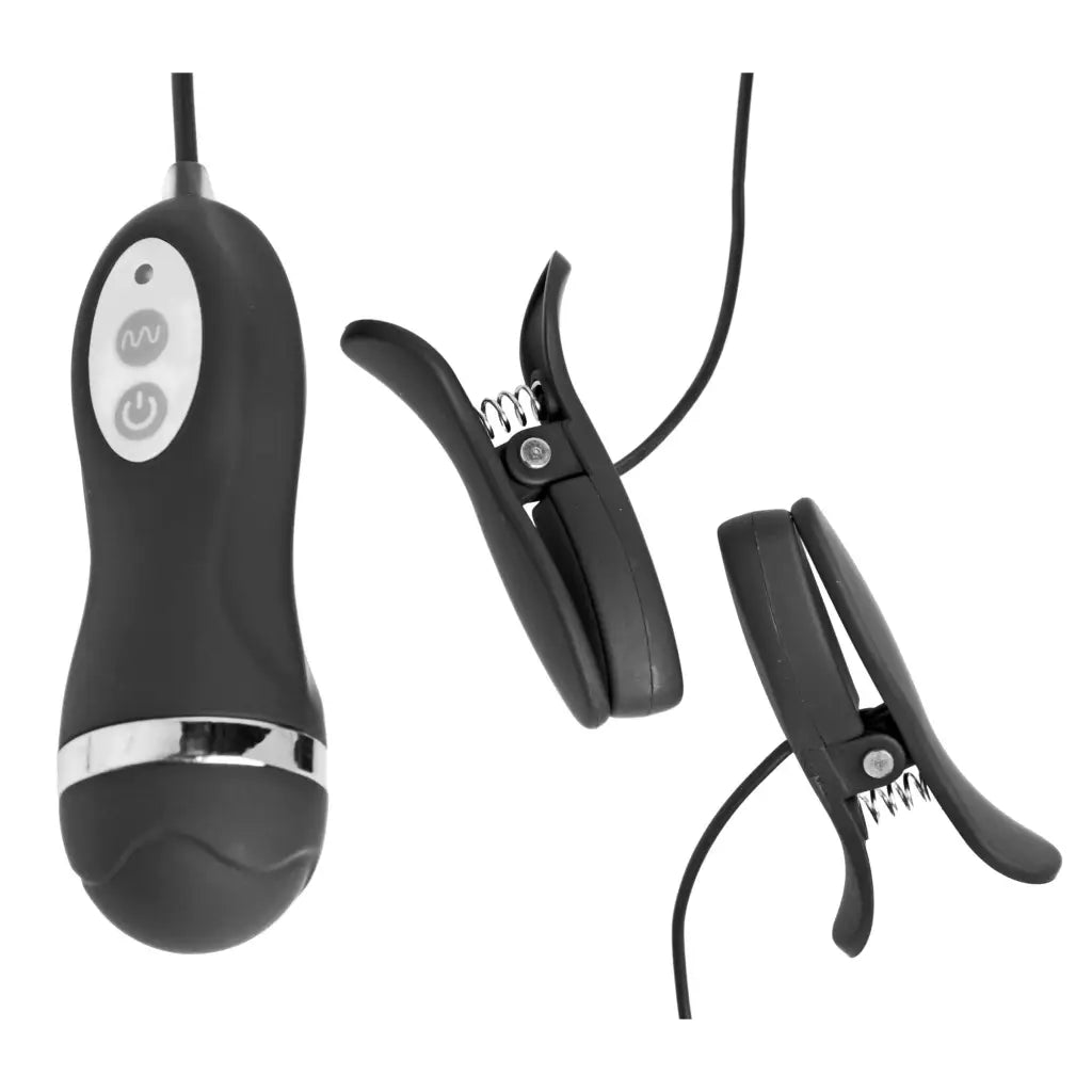 Pair of black and white earphones displayed with Power Pinchers 10 Mode Vibrating Nipple Clamps