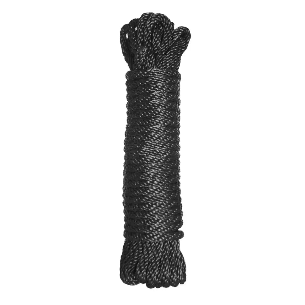 Premium black nylon bondage rope with coiled design and loose ends at the top