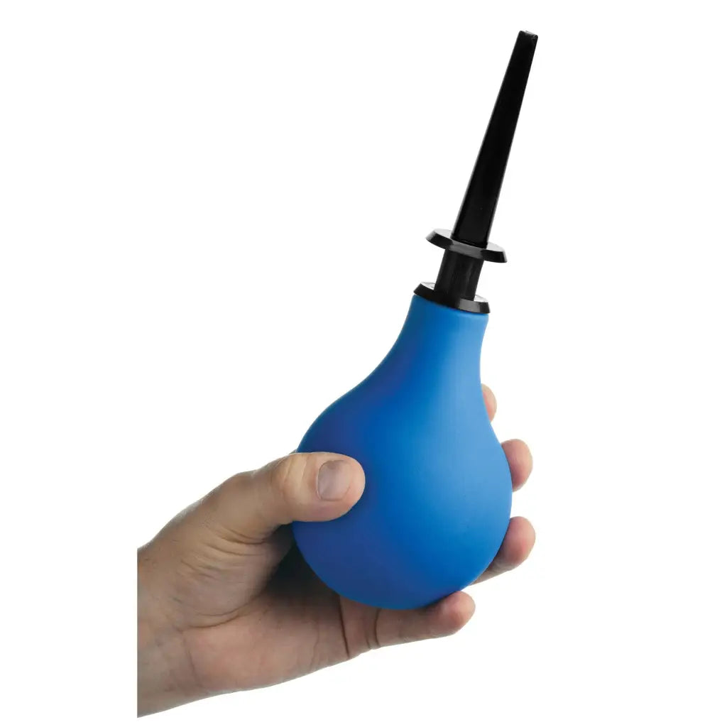 Hand holding blue bottle from Premium One-way Valve Anal Douche Set for effective cleansing