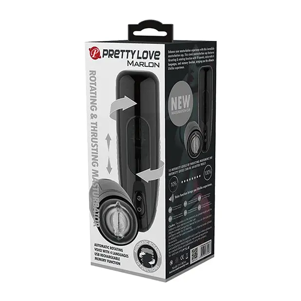 Close up of Pretty Love Marlon Thrusting & Rotating Masturbator box with black and white product