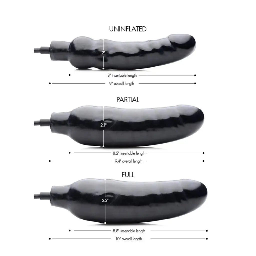 Primal Inflatable Dildo - Black silicone sex toy shown in three states of inflation