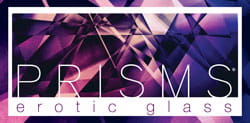 Stylized ’PRISMS: erotic glass’ on purple background for Asvini Glass Penis Anal Plug.