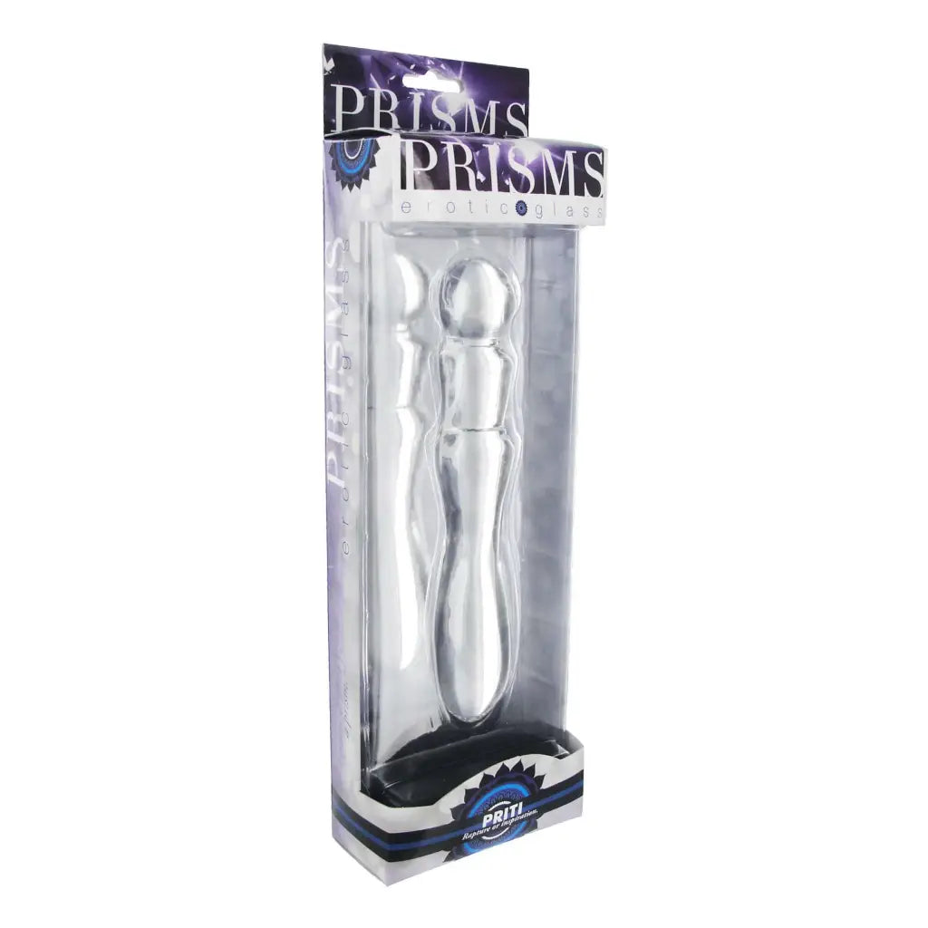 Silver priti glass dildo in sleek packaging, perfect for personal pleasure and relaxation