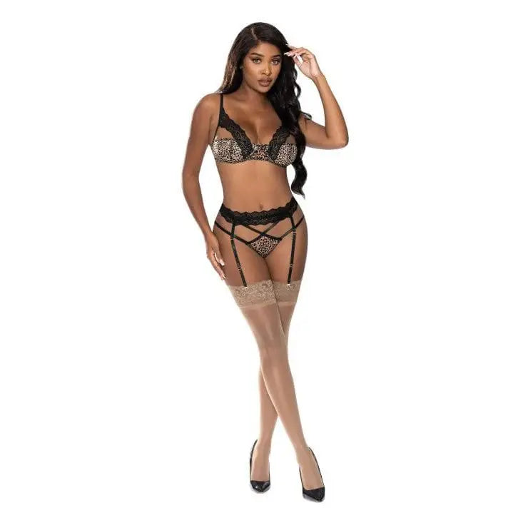 Woman in Purrfect Leopard Print Bra & Garter Panty with stockings and high heels