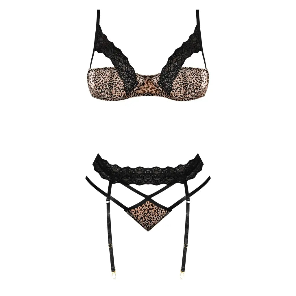 Purrfect Leopard Print Bra & Garter Panty Set with Lace and Straps